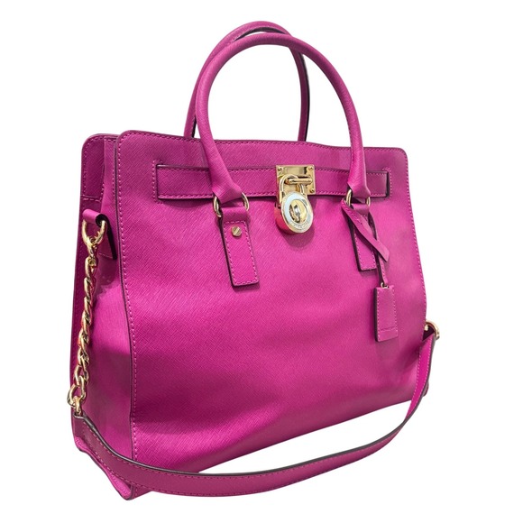 Michael Kors Hamilton Satchel Womens Large Fuchsia Pink Padlock Chain Bag